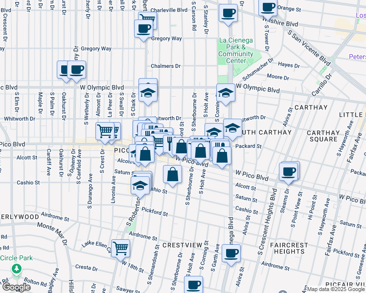 map of restaurants, bars, coffee shops, grocery stores, and more near 1222 S Bedford St in Los Angeles