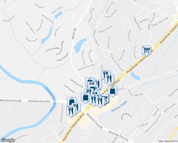 map of restaurants, bars, coffee shops, grocery stores, and more near 4285 Lansmoore Crossing in Suwanee