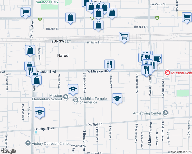 map of restaurants, bars, coffee shops, grocery stores, and more near 1511 West Mission Boulevard in Ontario