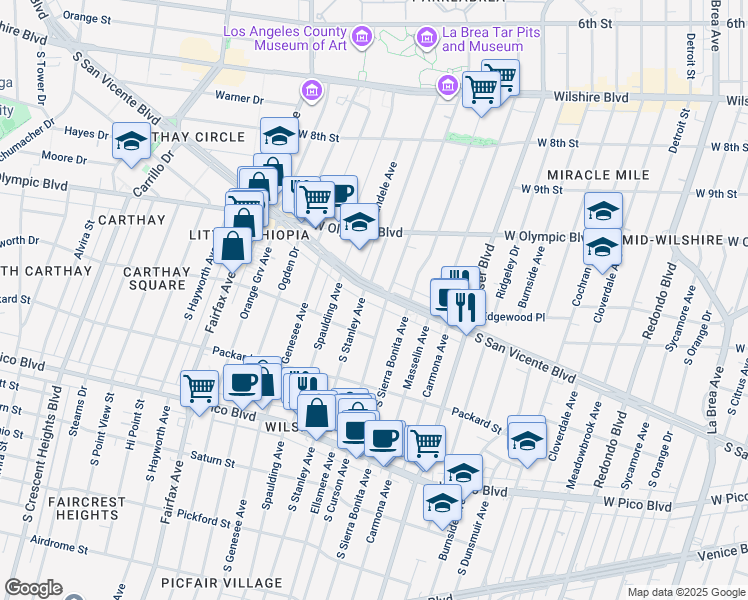 map of restaurants, bars, coffee shops, grocery stores, and more near 5810 San Vicente Boulevard in Los Angeles