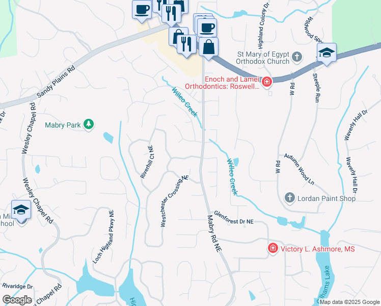 map of restaurants, bars, coffee shops, grocery stores, and more near 4365 Burnleigh Chase Northeast in Roswell