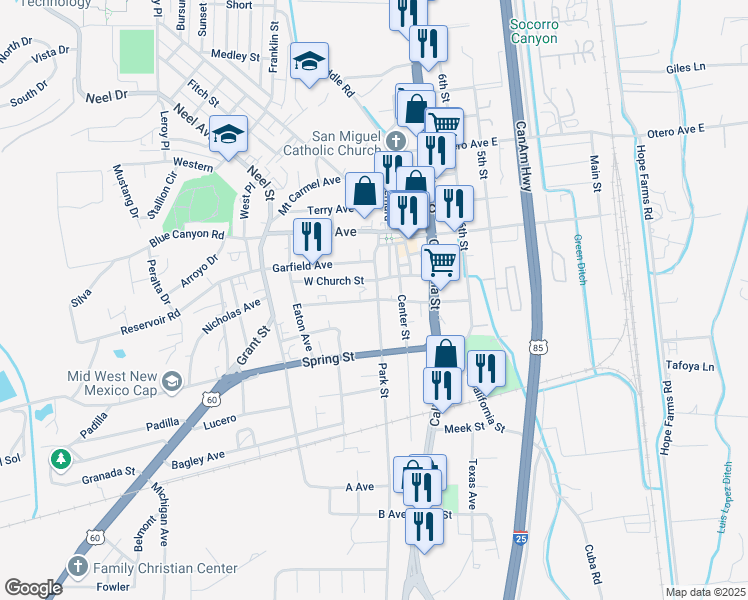 map of restaurants, bars, coffee shops, grocery stores, and more near 304 Mccutcheon Avenue West in Socorro