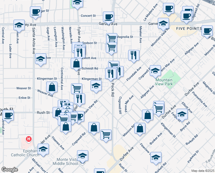 map of restaurants, bars, coffee shops, grocery stores, and more near 11255 Bonwood Road in El Monte