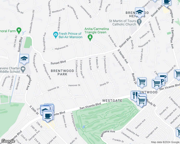 map of restaurants, bars, coffee shops, grocery stores, and more near 165 South Anita Avenue in Los Angeles