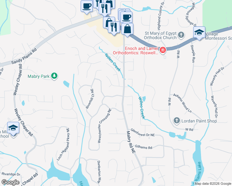 map of restaurants, bars, coffee shops, grocery stores, and more near 4368 Burnleigh Chase Northeast in Roswell