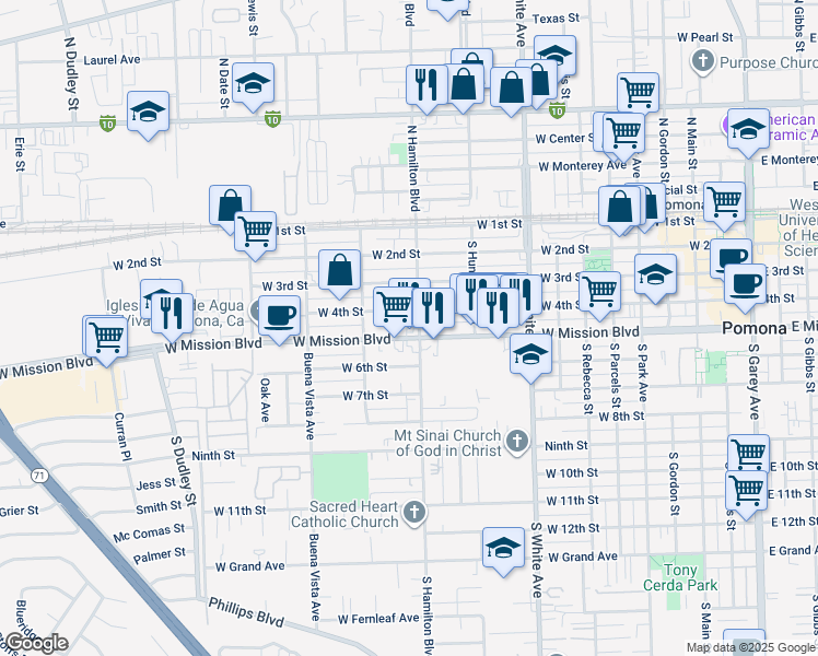 map of restaurants, bars, coffee shops, grocery stores, and more near 1110 West Mission Boulevard in Pomona