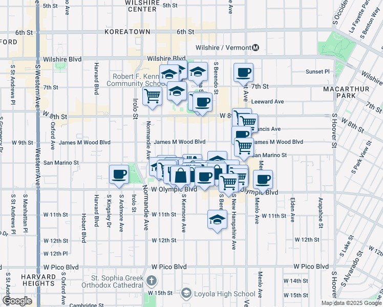 map of restaurants, bars, coffee shops, grocery stores, and more near 920 South Kenmore Avenue in Los Angeles