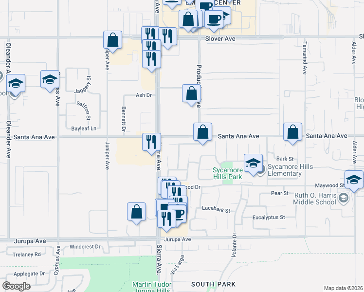 map of restaurants, bars, coffee shops, grocery stores, and more near 10961 Persimmon Lane in Fontana