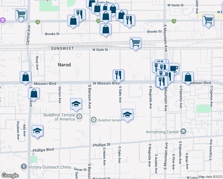 map of restaurants, bars, coffee shops, grocery stores, and more near 1427 West Mission Boulevard in Ontario