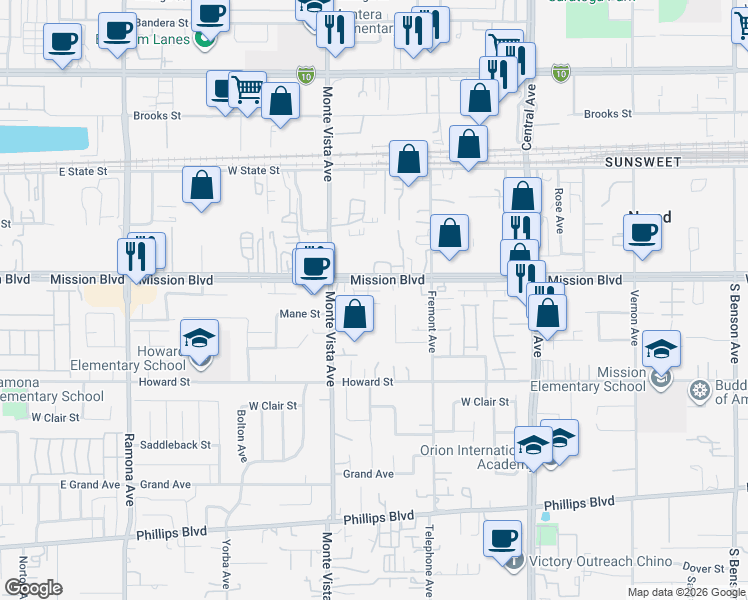 map of restaurants, bars, coffee shops, grocery stores, and more near 10970 Whitewater Avenue in Montclair
