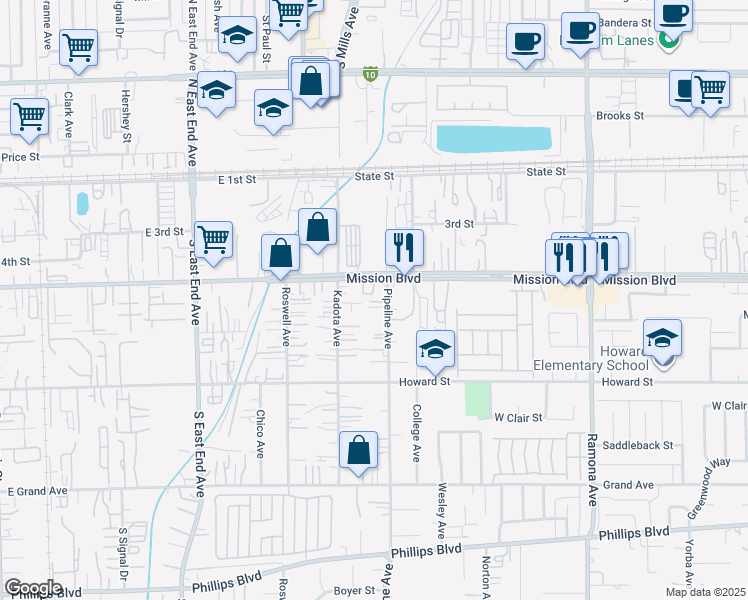map of restaurants, bars, coffee shops, grocery stores, and more near 10990 Pipeline Avenue in Pomona