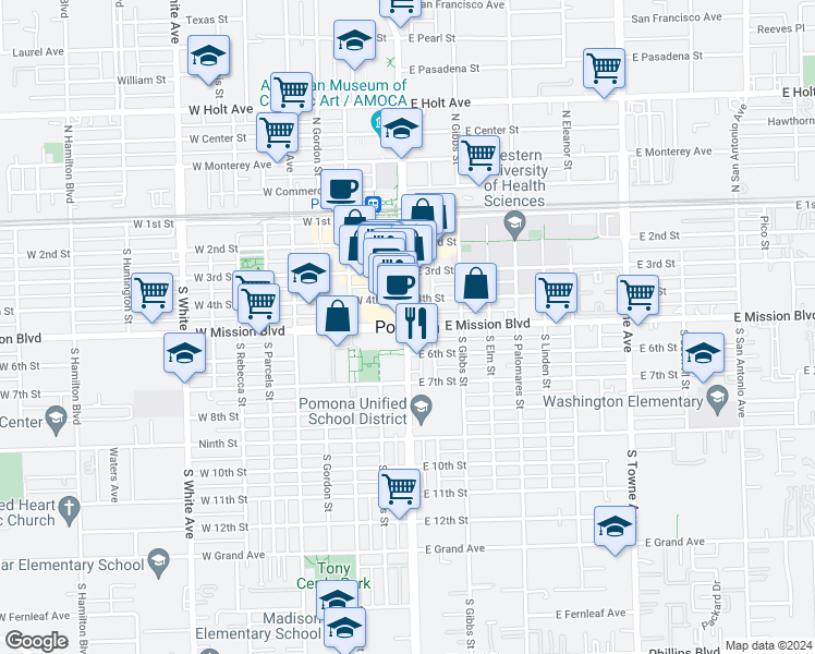 map of restaurants, bars, coffee shops, grocery stores, and more near in Pomona
