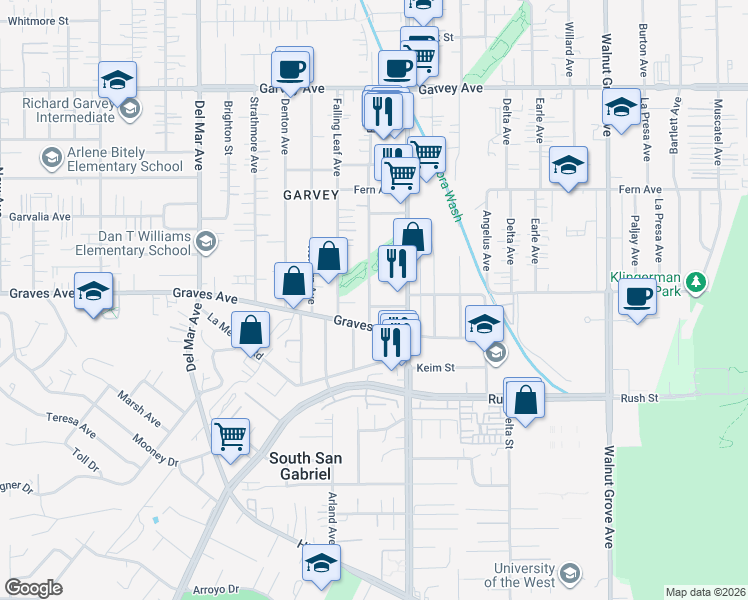 map of restaurants, bars, coffee shops, grocery stores, and more near 2312 Pine Street in Rosemead