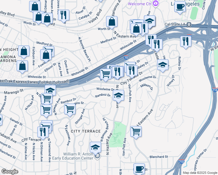 map of restaurants, bars, coffee shops, grocery stores, and more near 3956 1/2 Woolwine Drive in Los Angeles
