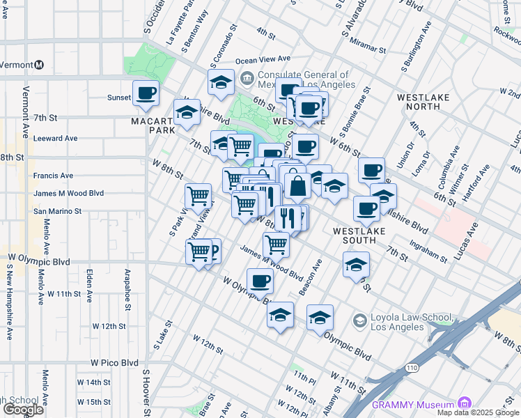 map of restaurants, bars, coffee shops, grocery stores, and more near in Los Angeles
