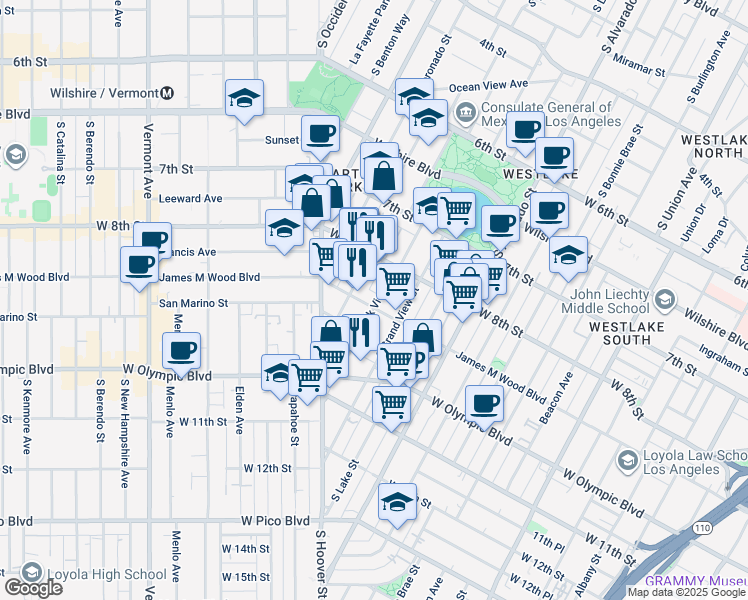 map of restaurants, bars, coffee shops, grocery stores, and more near 917 South Park View Street in Los Angeles
