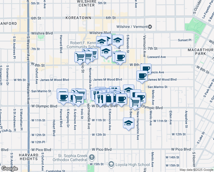 map of restaurants, bars, coffee shops, grocery stores, and more near 3096 San Marino Street in Los Angeles