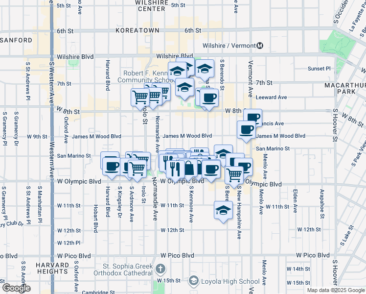 map of restaurants, bars, coffee shops, grocery stores, and more near 3096 San Marino Street in Los Angeles