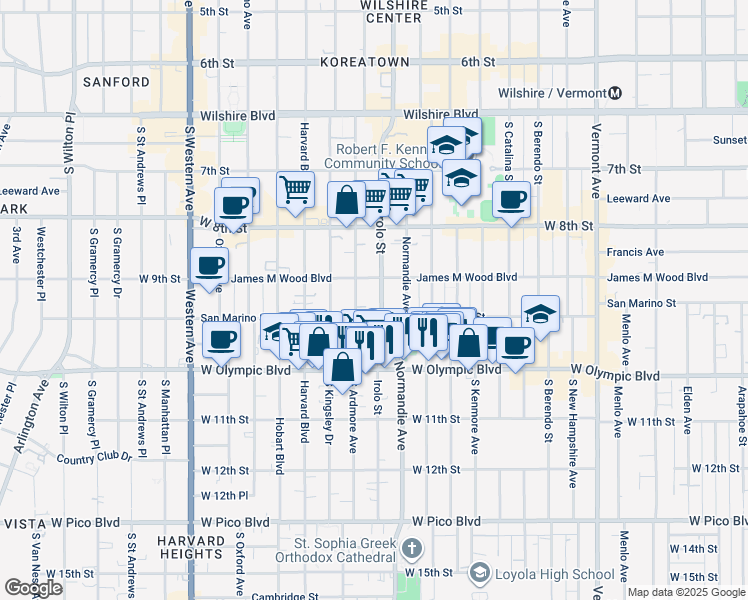 map of restaurants, bars, coffee shops, grocery stores, and more near 3215 San Marino Street in Los Angeles