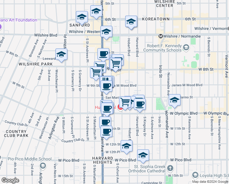 map of restaurants, bars, coffee shops, grocery stores, and more near 3464 San Marino Street in Los Angeles