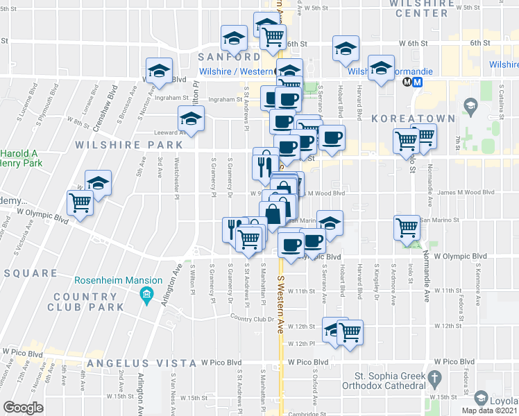 map of restaurants, bars, coffee shops, grocery stores, and more near 3571 San Marino Street in Los Angeles