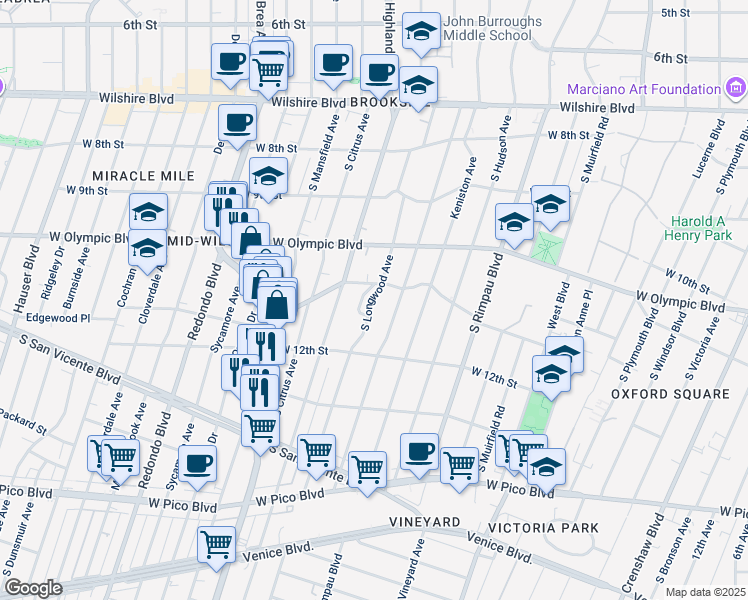 map of restaurants, bars, coffee shops, grocery stores, and more near 1145 Longwood Place in Los Angeles