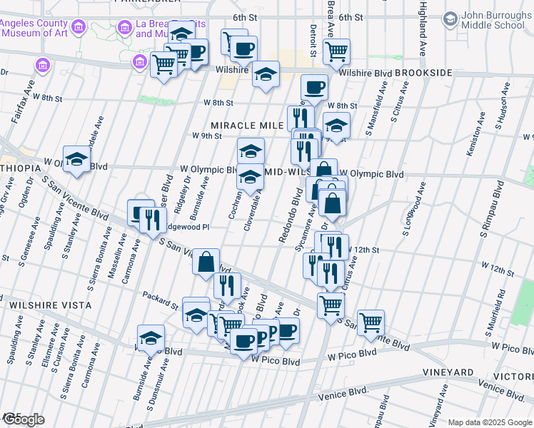 map of restaurants, bars, coffee shops, grocery stores, and more near 1104 South Cloverdale Avenue in Los Angeles