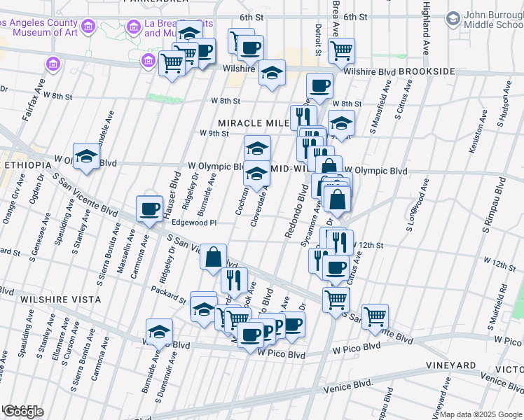 map of restaurants, bars, coffee shops, grocery stores, and more near 1104 South Cloverdale Avenue in Los Angeles