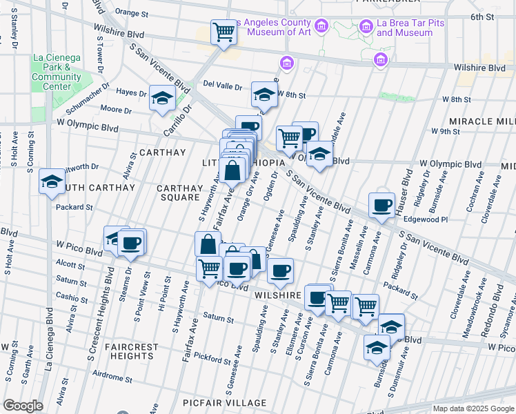 map of restaurants, bars, coffee shops, grocery stores, and more near 1209 South Ogden Drive in Los Angeles