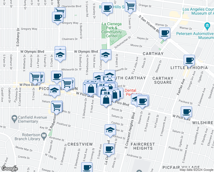 map of restaurants, bars, coffee shops, grocery stores, and more near 1240 South Corning Street in Los Angeles