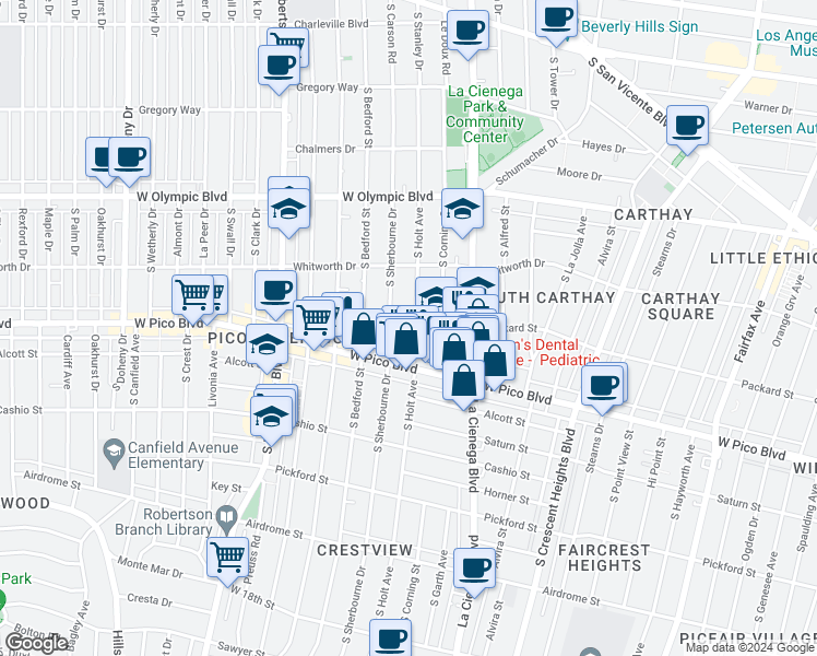 map of restaurants, bars, coffee shops, grocery stores, and more near 1251 South Holt Avenue in Los Angeles