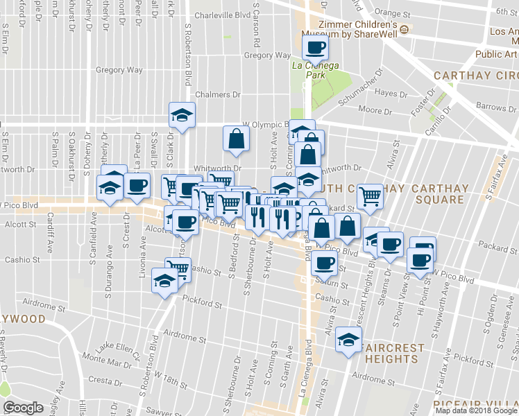 map of restaurants, bars, coffee shops, grocery stores, and more near 1251 South Holt Avenue in Los Angeles