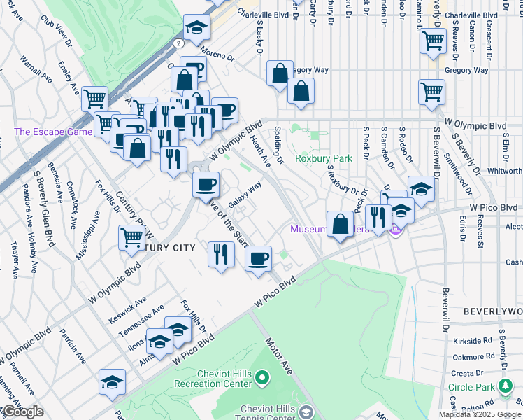 map of restaurants, bars, coffee shops, grocery stores, and more near 2233 Century Hill in Los Angeles