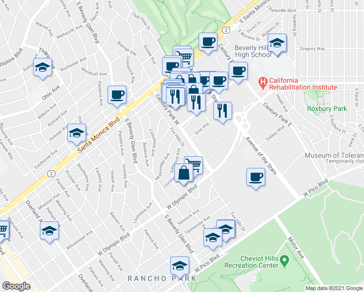 map of restaurants, bars, coffee shops, grocery stores, and more near 2030 Kerwood Avenue in Los Angeles