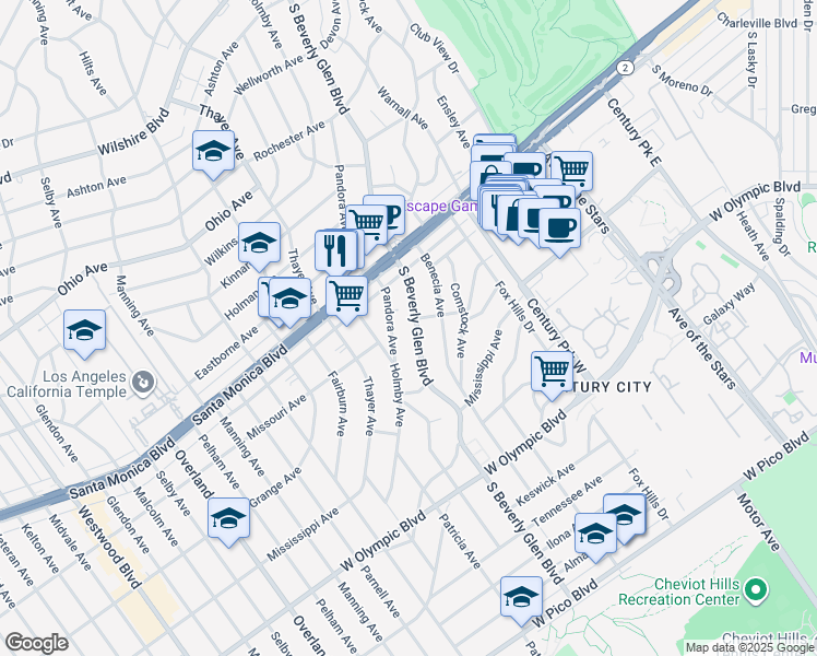 map of restaurants, bars, coffee shops, grocery stores, and more near 41 South Beverly Glen Boulevard in Los Angeles