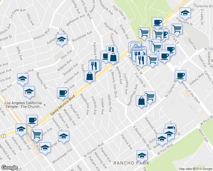 map of restaurants, bars, coffee shops, grocery stores, and more near 1851 Holmby Avenue in Los Angeles