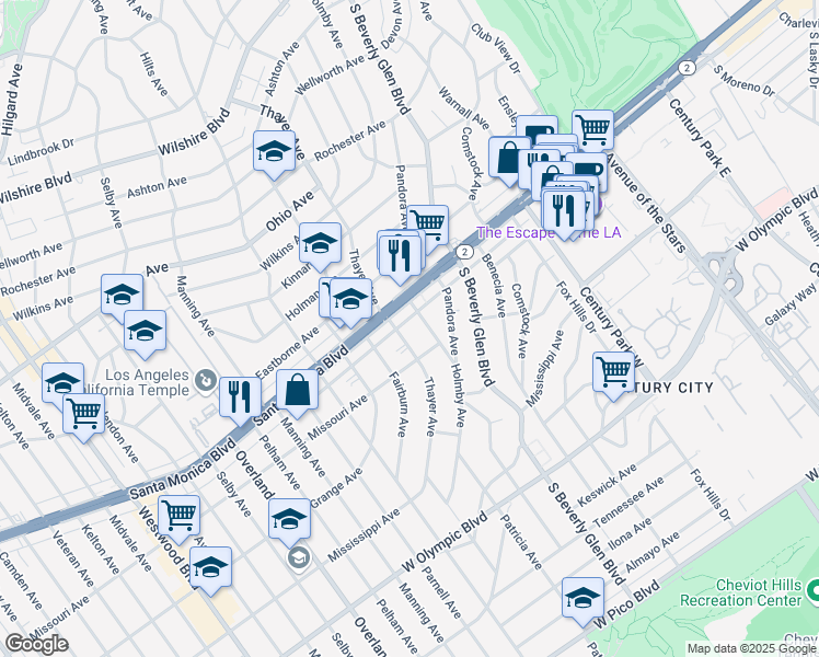 map of restaurants, bars, coffee shops, grocery stores, and more near 1827 Thayer Avenue in Los Angeles