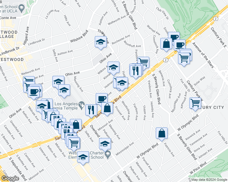 map of restaurants, bars, coffee shops, grocery stores, and more near 10576 Eastborne Avenue in Los Angeles
