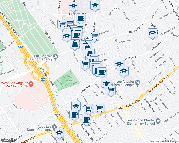 map of restaurants, bars, coffee shops, grocery stores, and more near 1409 Midvale Avenue in Los Angeles