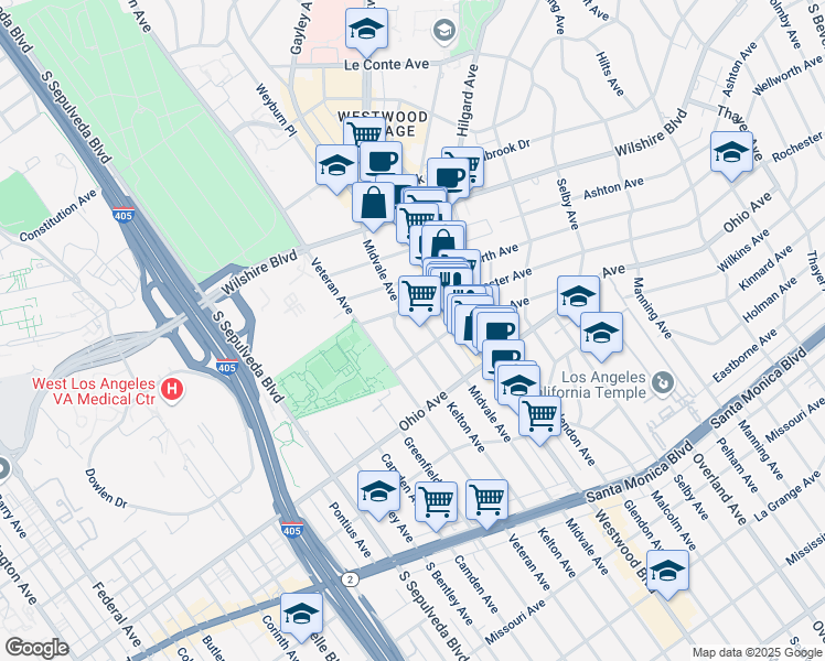 map of restaurants, bars, coffee shops, grocery stores, and more near 1409 Midvale Avenue in Los Angeles