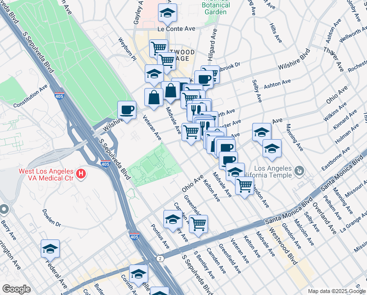 map of restaurants, bars, coffee shops, grocery stores, and more near 1378 Veteran Avenue in Los Angeles