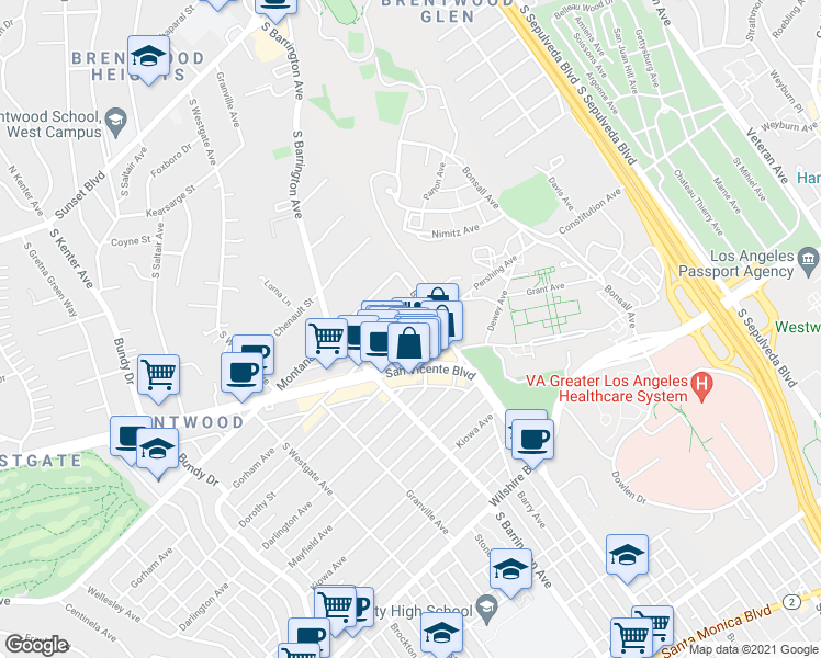 map of restaurants, bars, coffee shops, grocery stores, and more near 11647 Gorham Place in Los Angeles