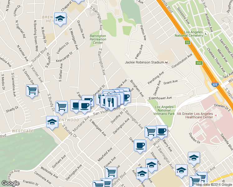 map of restaurants, bars, coffee shops, grocery stores, and more near 11706 Montana Avenue in Los Angeles