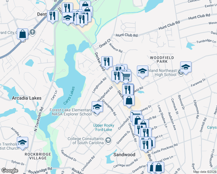 map of restaurants, bars, coffee shops, grocery stores, and more near 6918 Wedgefield Road in Columbia