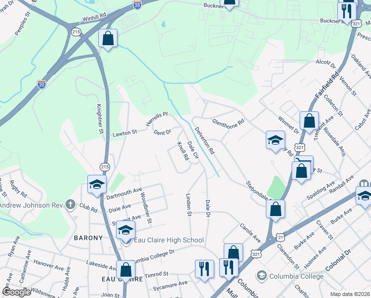 map of restaurants, bars, coffee shops, grocery stores, and more near 5415 Knoll Road in Columbia