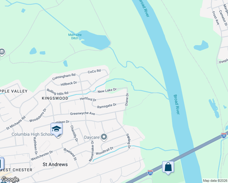 map of restaurants, bars, coffee shops, grocery stores, and more near 2412 New Lake Drive in Columbia