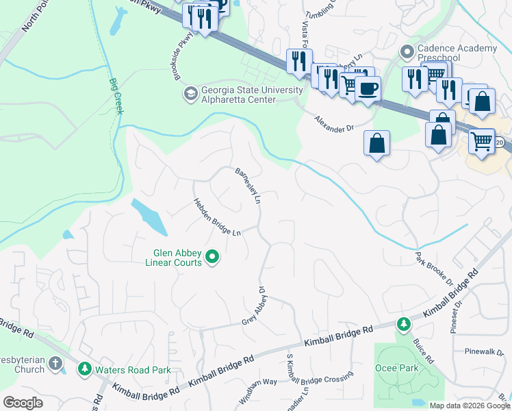 map of restaurants, bars, coffee shops, grocery stores, and more near 460 Barnesley Lane in Alpharetta