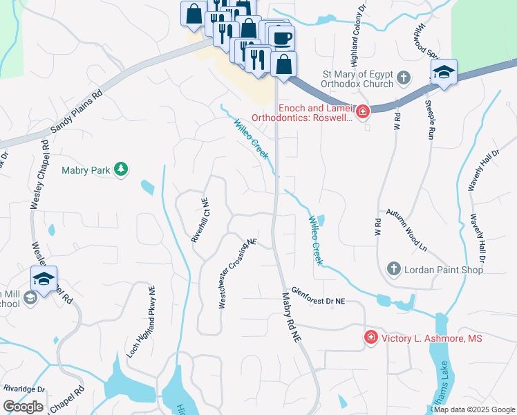 map of restaurants, bars, coffee shops, grocery stores, and more near 4365 Burnleigh Chase Northeast in Roswell