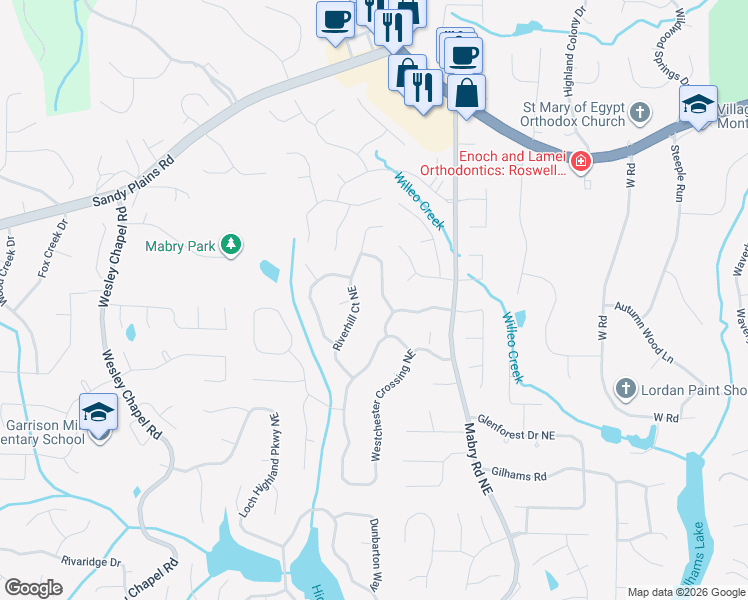 map of restaurants, bars, coffee shops, grocery stores, and more near 4168 Riverhill Court Northeast in Roswell