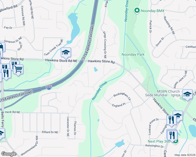 map of restaurants, bars, coffee shops, grocery stores, and more near 591 Farmbrook Trail Northeast in Kennesaw